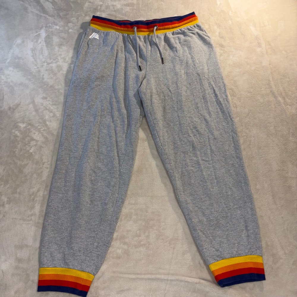 Aldi Gear Mens Grey Joggers Rainbow Striped Waistband Cuffs Sweatpants Medium